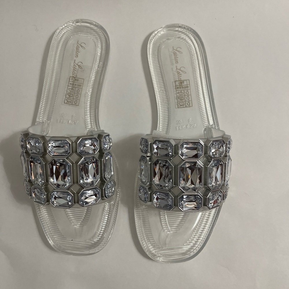 Lauren Lorraine Clear Jeweled Slide Sandals - Silver Crystal Accent